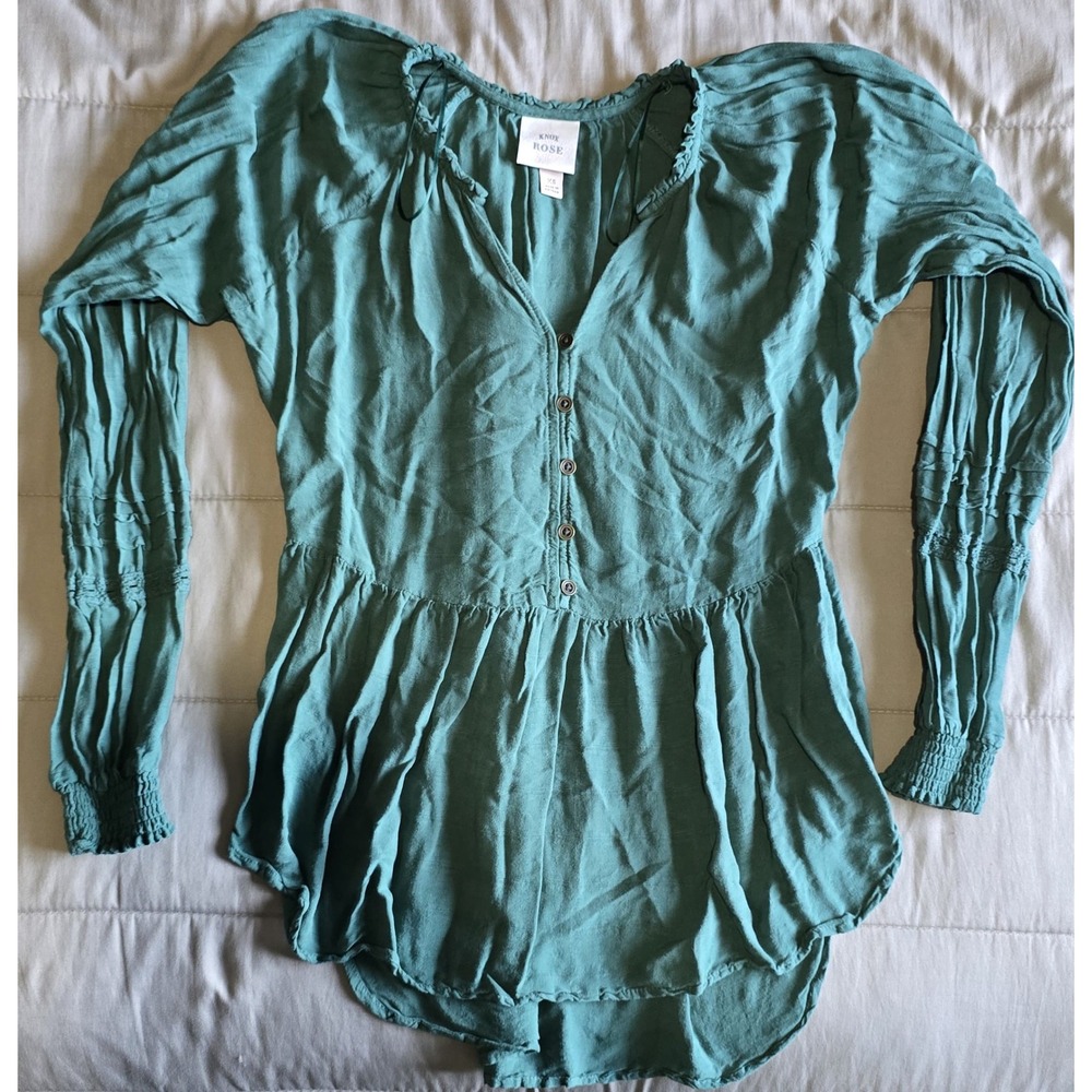 Knox Rose XS Green Button Front Peplum Blouse Long Sleeve Bohemian Top Hipster